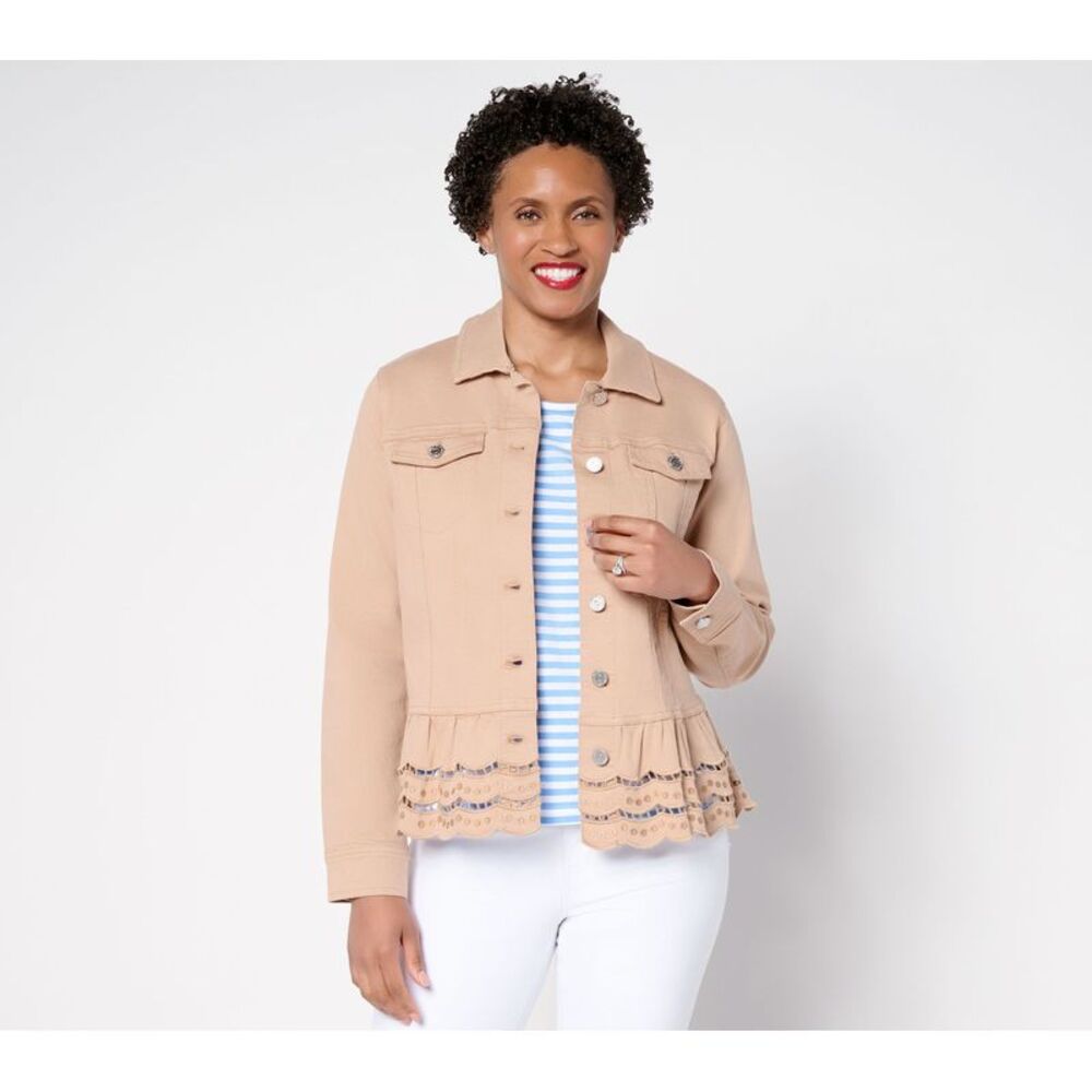 Susan Graver Women's Jacket Sz S Embroidered Peplum Denim Brown A690642